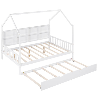 Wooden Full Size House Bed with Trundle,Kids Bed with Shelf, White