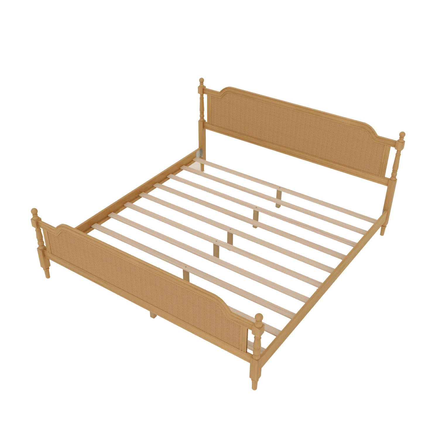 Traditional Style Rattan King Size Bed Frame,No Box Spring Needed,Antique Walnut