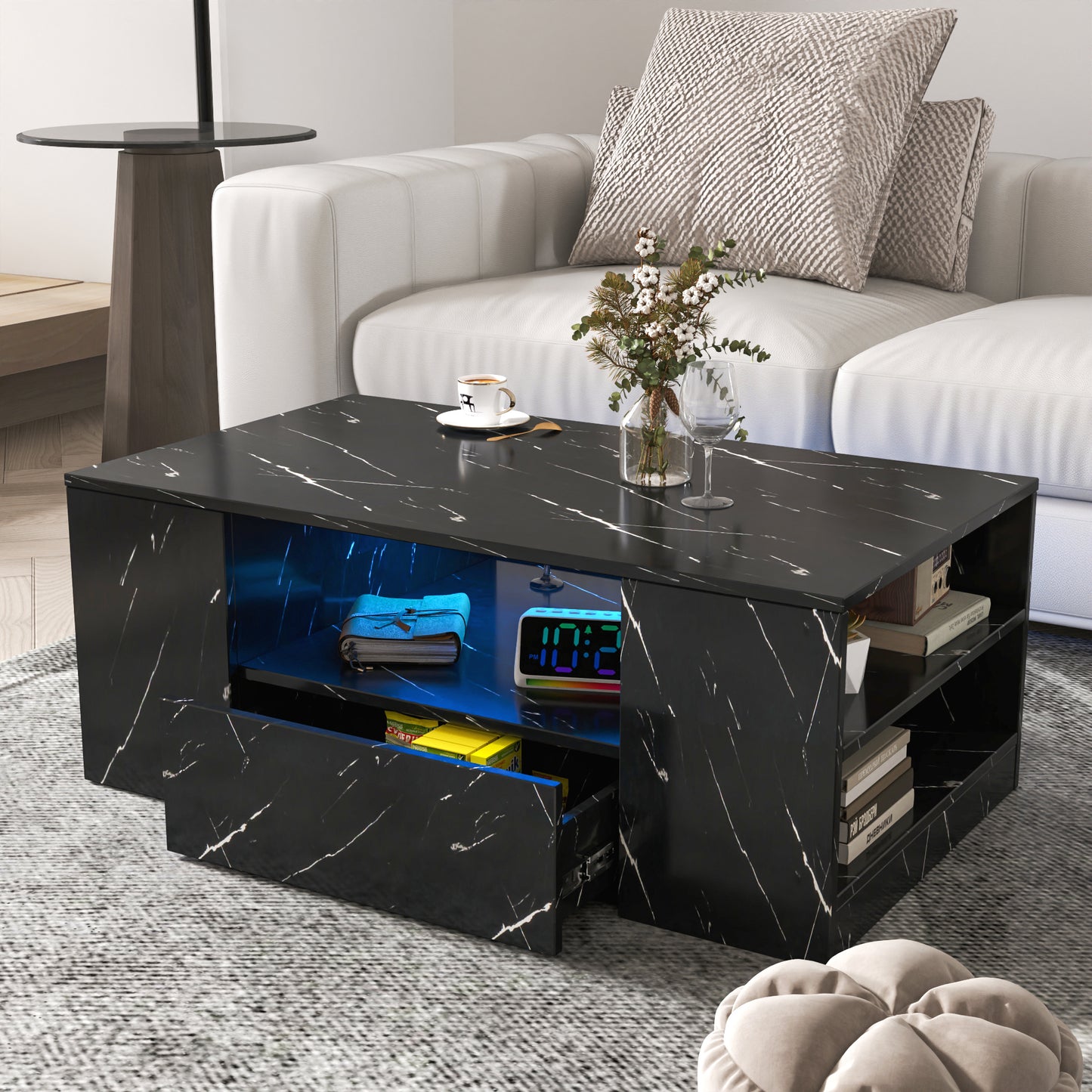 14.57IN High LED Coffee Table ,Modern Coffee Tables for Living Room, , Storage Coffee Table, Small Coffee Table, Wood Center Table with 2 Drawers and Open Side Shelf