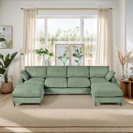 Modern corduroy modular section sofa, U-shaped convertible L-shaped sofa set with pillow, oversized sectional sofa with footstool, suitable for living room, attic, apartment, Olive Green 6 seat
