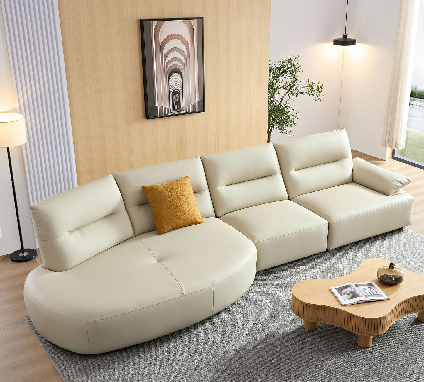 147.24'' Oversied Modern Sectional Curved Shaped Sofa Couch for Living Room,Upholstered 5-Seat Sofa Eco-leather Couch Set,Beige