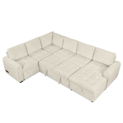 107.5" U-shaped Sofa Sectional Sofa Pull-out Sofa bed with a Storage Chaise Lounge, Charging Devices for Living Room, Beige