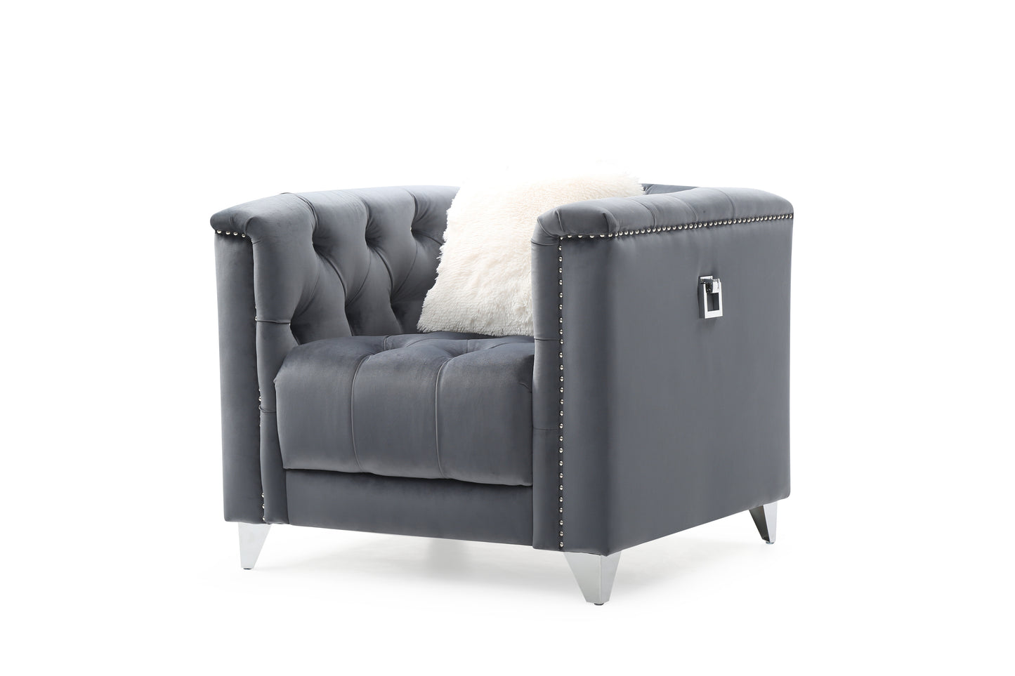 Tufted Upholstery 3 Pc Living Room Set Finished in Velvet Fabric in Gray