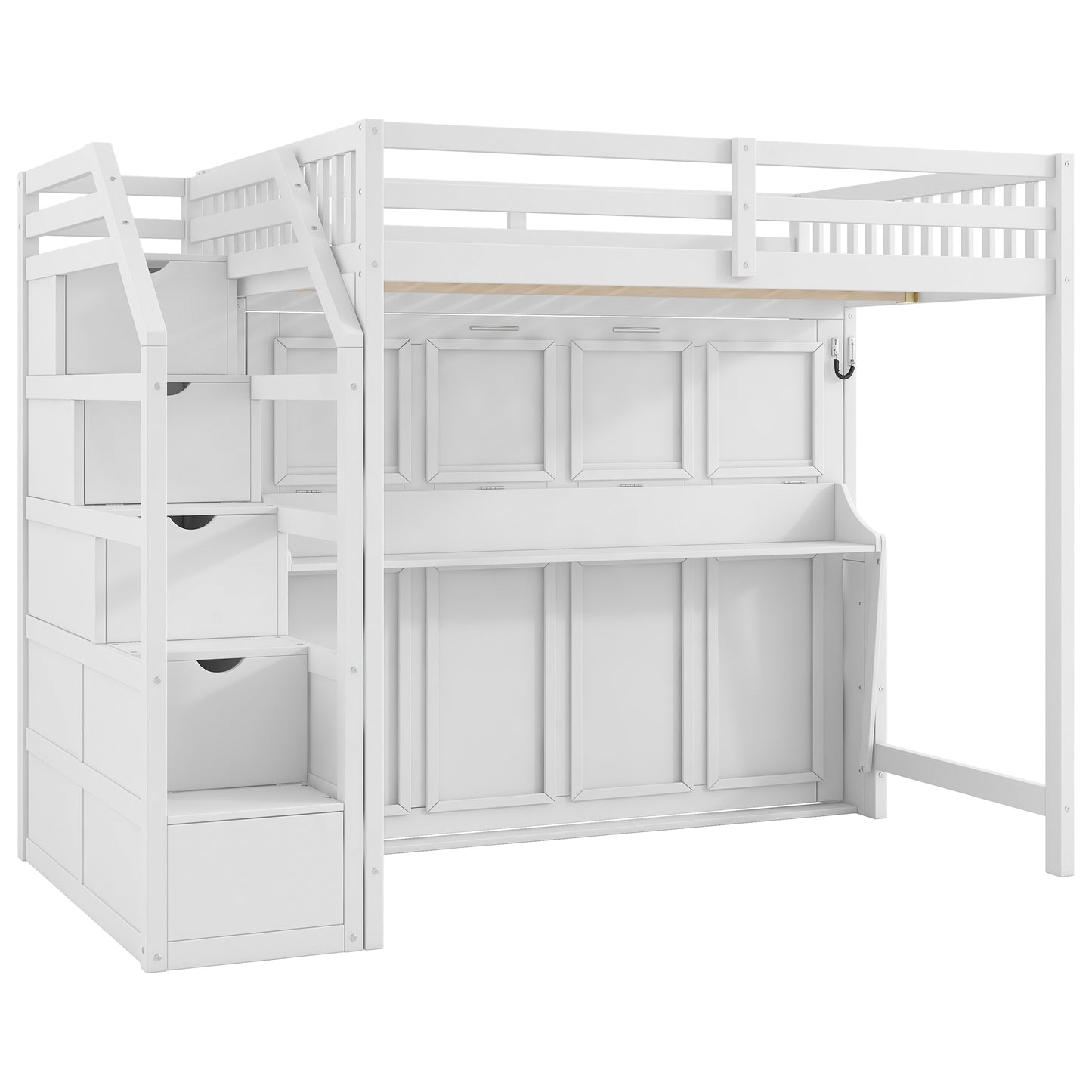 White Full XL Loft Bed with Storage Staircase, Murphy Bed, LED Light, Solid Pine and MDF, 101.2''L x 59.1''W x 73''H