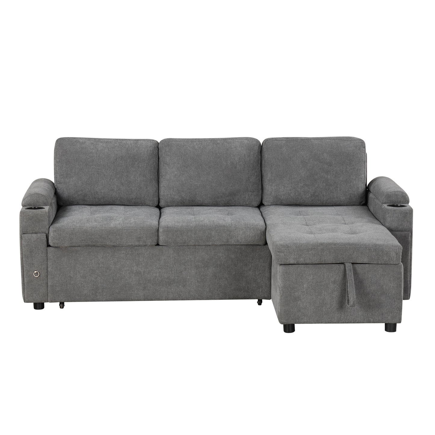 Modern L-shaped Convertible Sofa Bed with Storage, Cup Holders, USB Ports, Gray Chenille, 83.5'