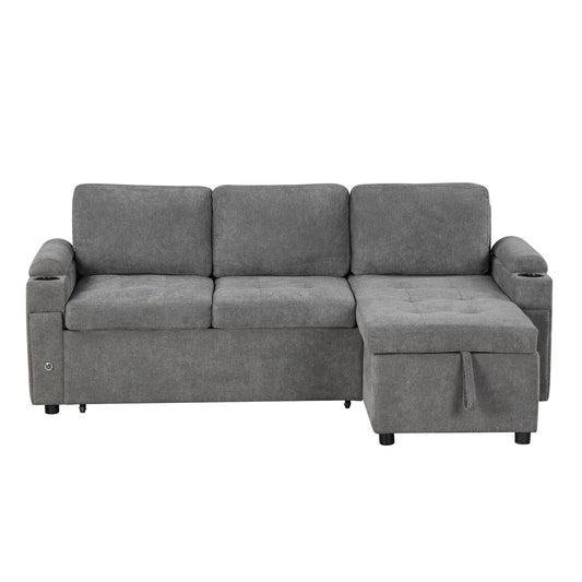 Modern L-shaped Convertible Sofa Bed with Storage, Cup Holders, USB Ports, Gray Chenille, 83.5'