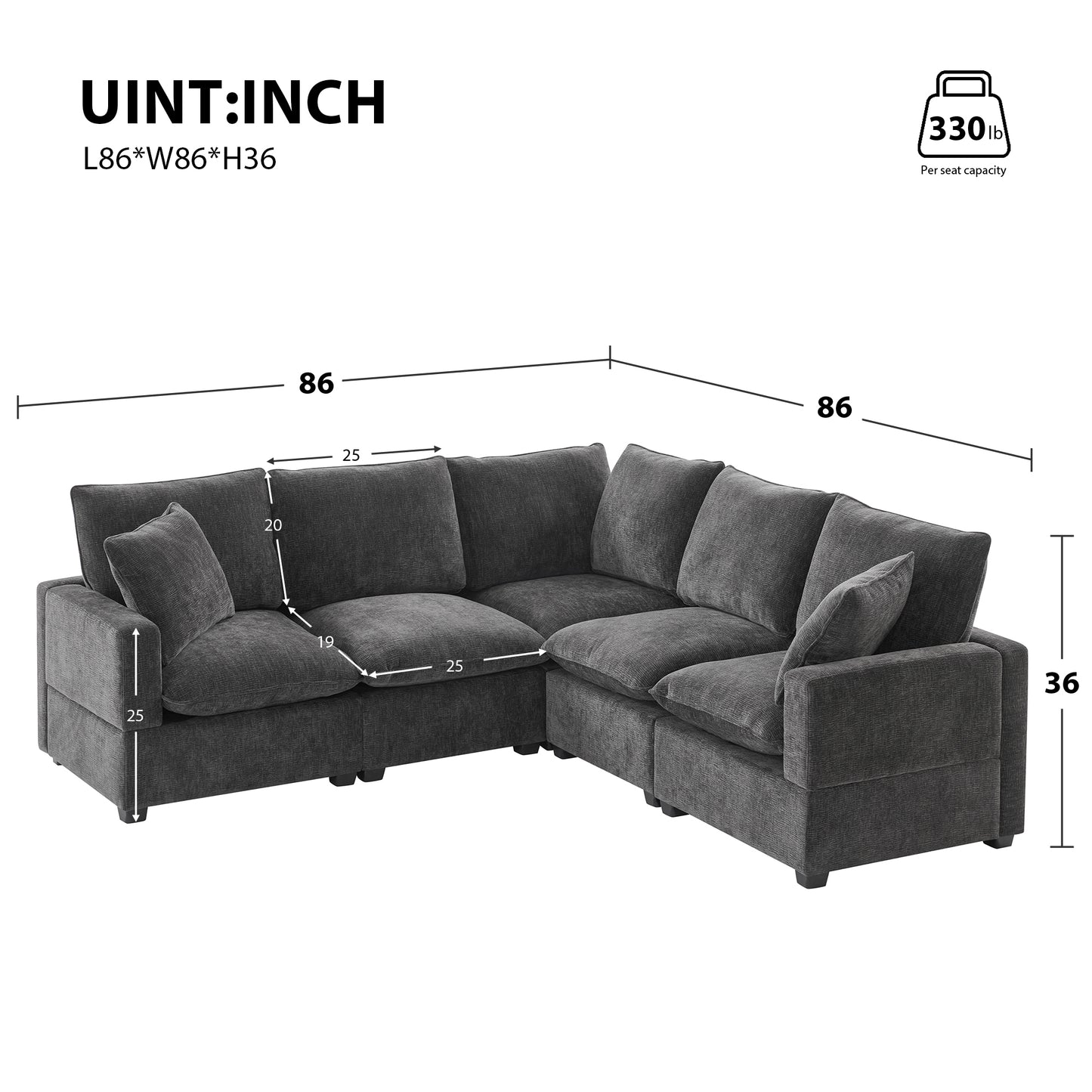 86*86" Modern L Shape Modular Sofa, 5 Seat Chenille Sectional Couch Set with 2 Pillows Included, Freely Combinable Indoor Funiture for Living Room, Apartment, Office, 2 Colors