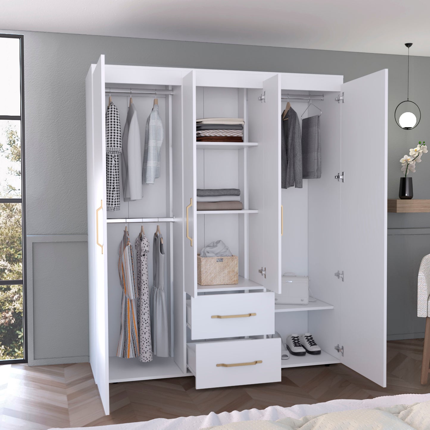 Bariloche Wardrobe, Multi-Section Storage with Hanging Rods, Shelves, and 2 Drawers