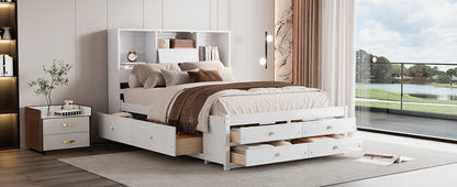 Queen Size Platform Bed with Storage Headboard and 8 Drawers, White