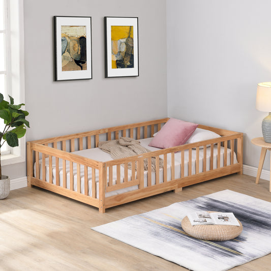 Queen Size Floor Bed with Door, Solid Wood Platform Bed Frame with Fence , Suitable for children , Pine Wood , Natural