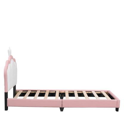 Twin size Upholstered Princess Bed With Crown Headboard,Twin Size Platform Bed with Headboard and Footboard,White+Pink