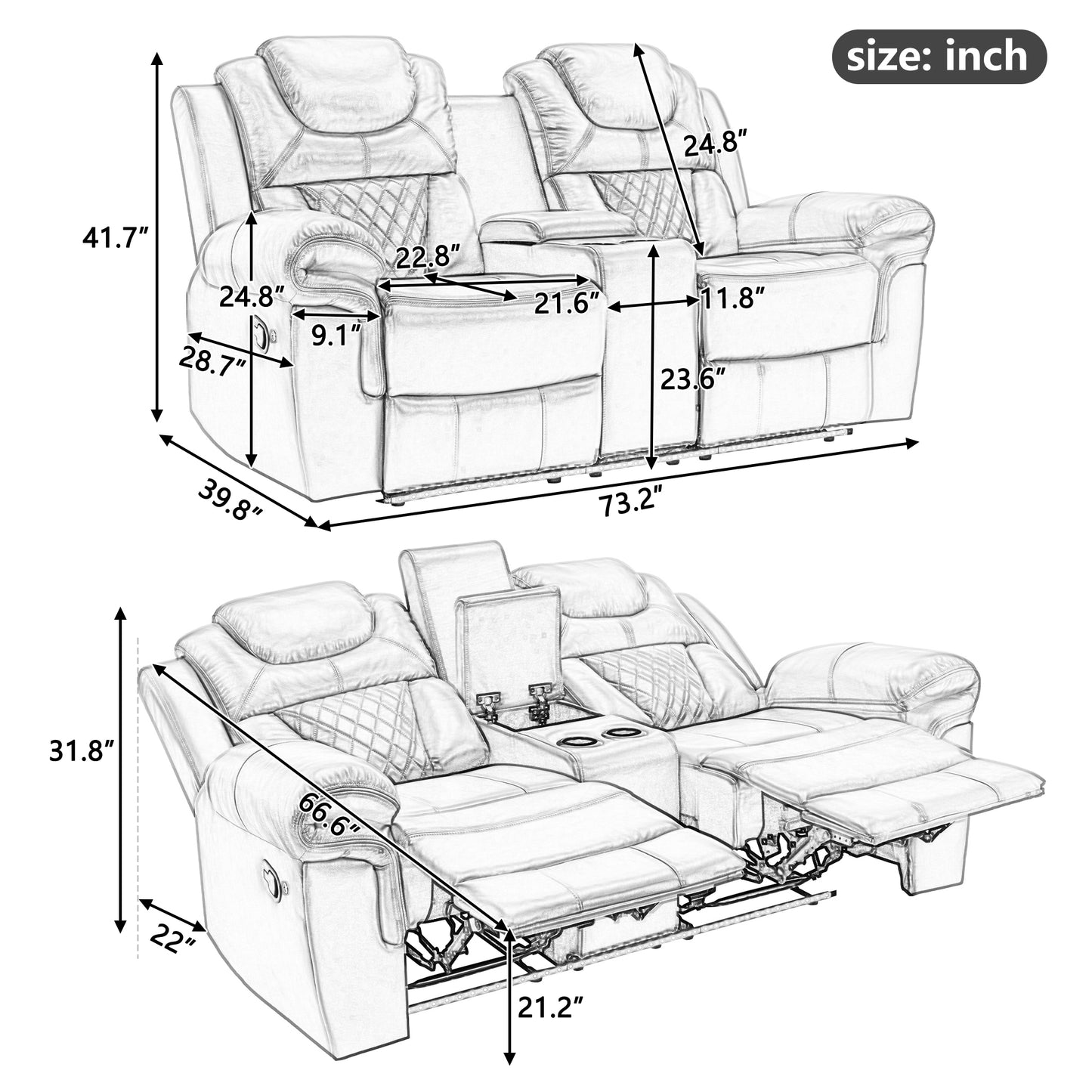 3 Pieces Recliner Sofa Sets Home Theater Seating Manual Recliner Chair with Center Console and LED Light Strip for Living Room, Brown