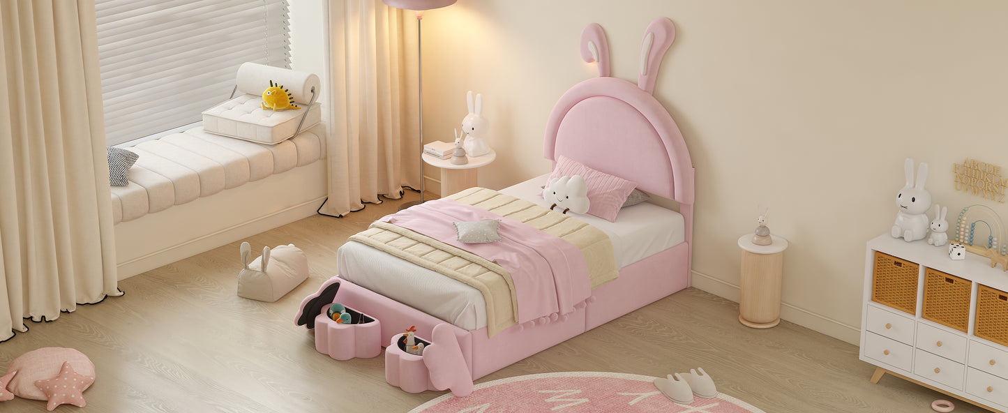 Twin size Upholstered Rabbit-Shape Bed with 2 Storage Stools, Velvet Platform Bed with Cartoon Ears Shaped Headboard, Pink