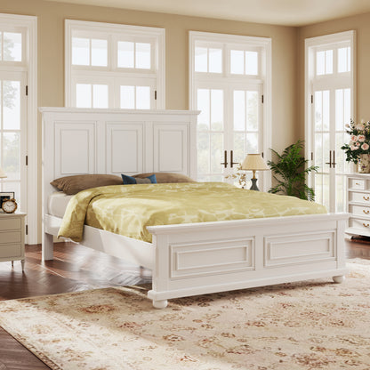 Traditional Town and Country Style Pinewood Vintage King Bed, White