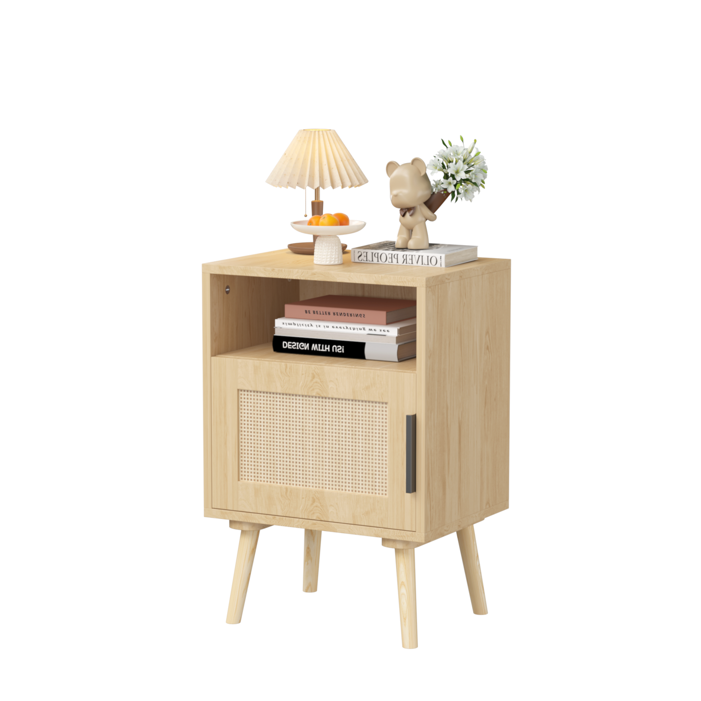 22.83'' H Rattan Nightstand, Side Table with Door Open Shelf,  Accent Bedside End Table with Solid Wood Legs for Bedroom, Dorm and Small Spaces, Oak