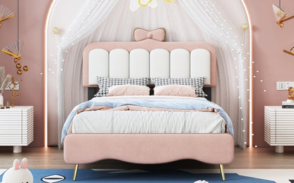 Twin size Velvet Princess Bed With Bow-Knot Headboard,Twin Size Platform Bed with Headboard and Footboard,White+Pink