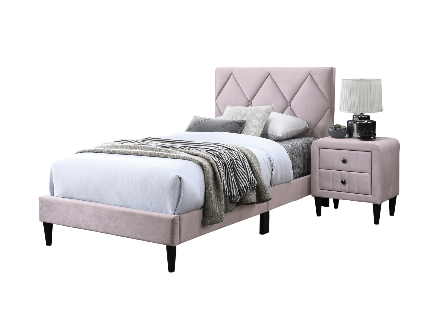 Twin Size Bed w Adjustable Headboard 1pc Bedframe, Light Pink Velvet Upholstered Youth Bedroom Furniture