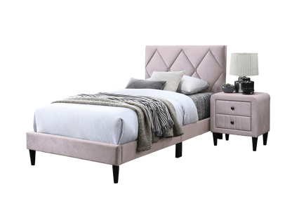 Twin Size Bed w Adjustable Headboard 1pc Bedframe, Light Pink Velvet Upholstered Youth Bedroom Furniture