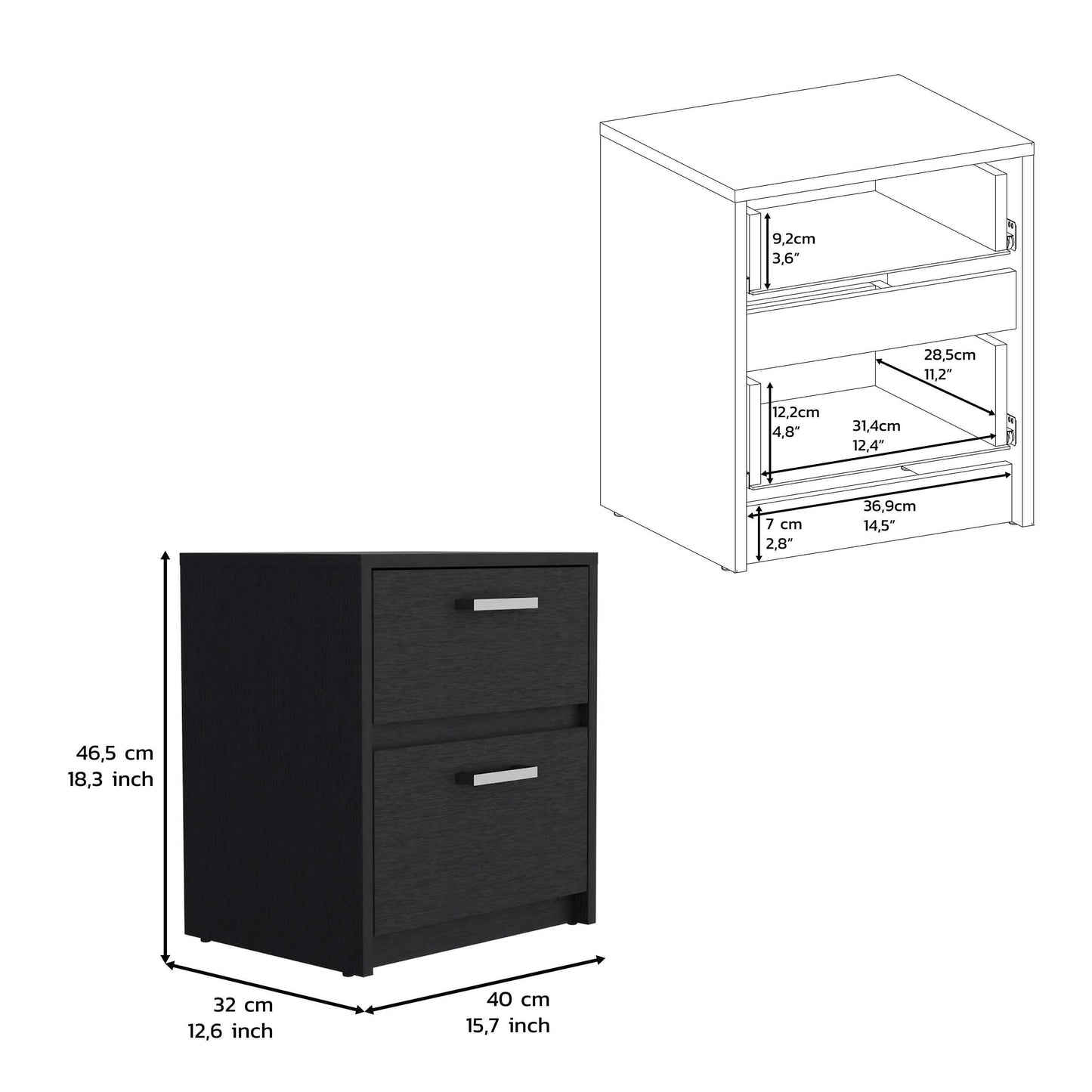 Nightstand 18"H , 2 Drawers with Metal Handles, Black