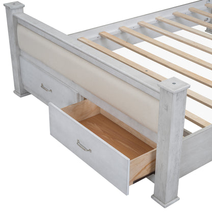 Queen Size Wood Frame Platform Bed with Upholstered Headboard, Footboard and 2 Drawers, Antique White