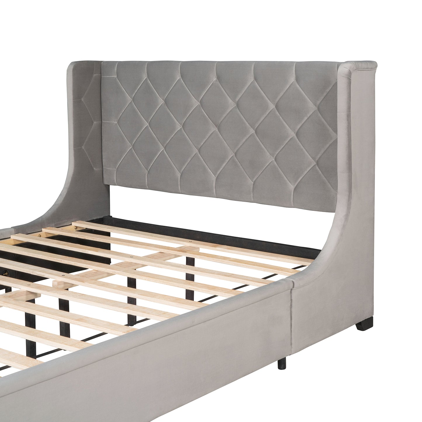 Queen Size Storage Bed Velvet Upholstered Platform Bed with Wingback Headboard and a Big Drawer (Gray)