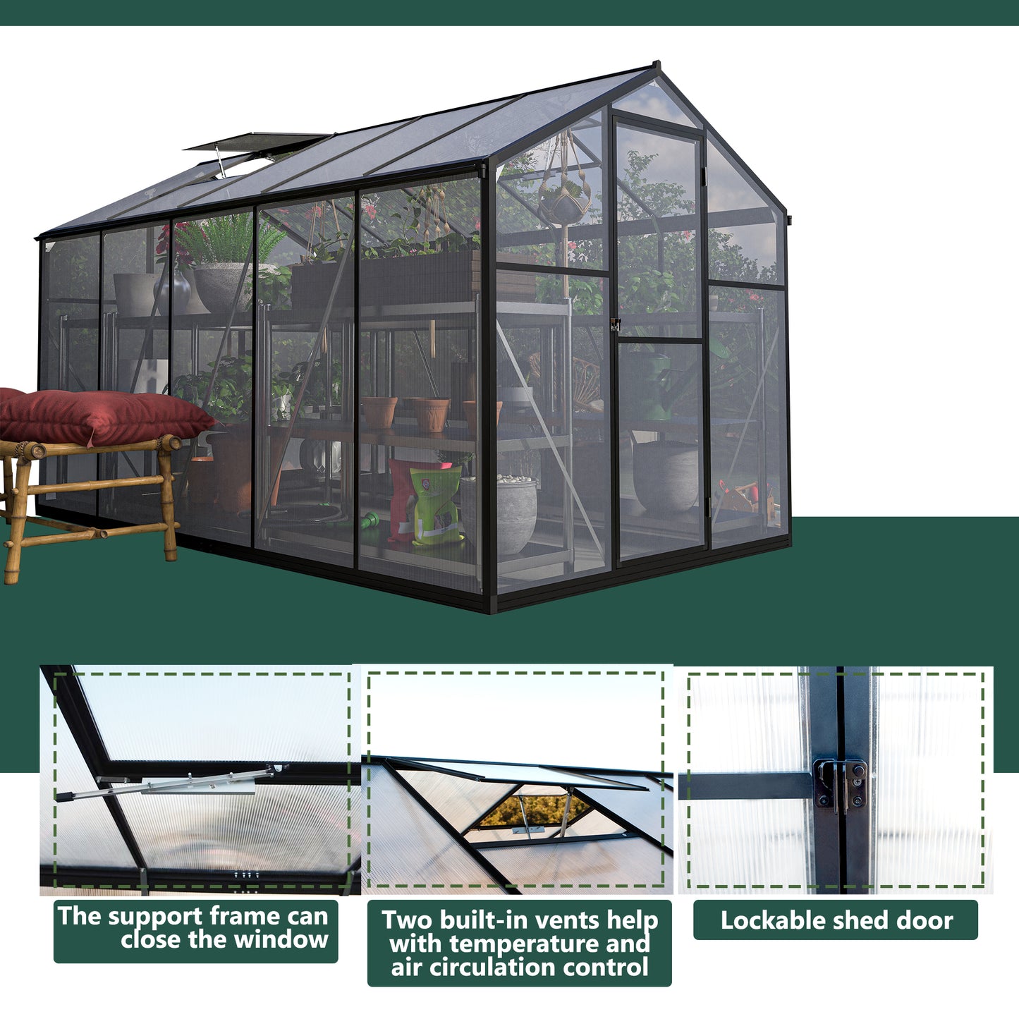 6x10 ft Outdoor Polycarbonate Greenhouse Kit with Aluminum Frame, Walk-in Garden Green House with  Lockable Door & Adjustable Roof Vent, Backyard, Patio