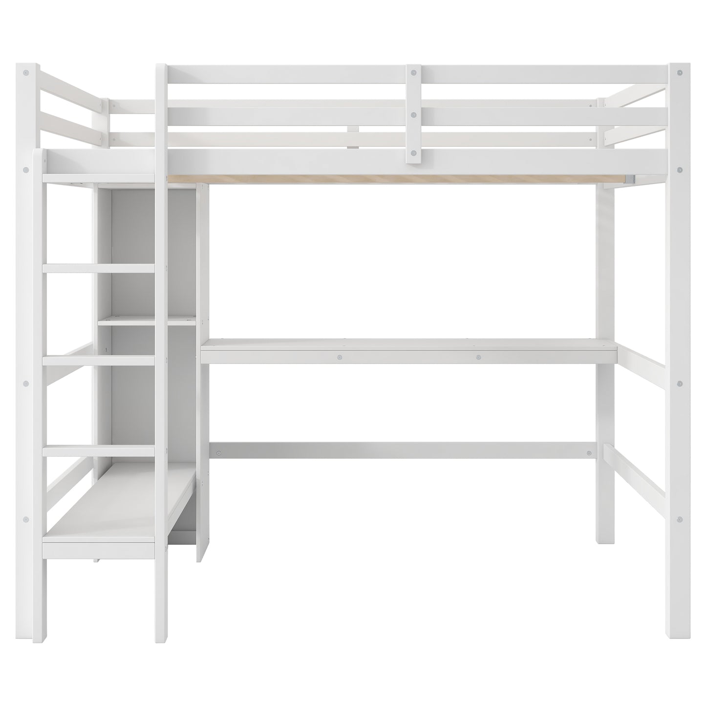 White Full Size Loft Bed with Built-in Desk and Multifunction Shelves, Pine Wood and MDF, 78.9''L x 57''W x 67.5''H