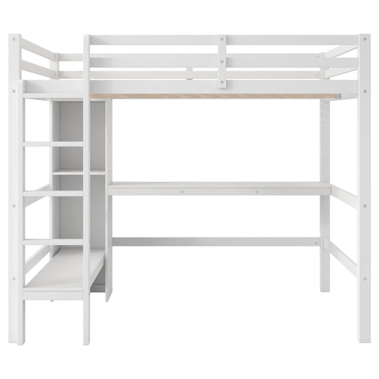White Full Size Loft Bed with Built-in Desk and Multifunction Shelves, Pine Wood and MDF, 78.9''L x 57''W x 67.5''H