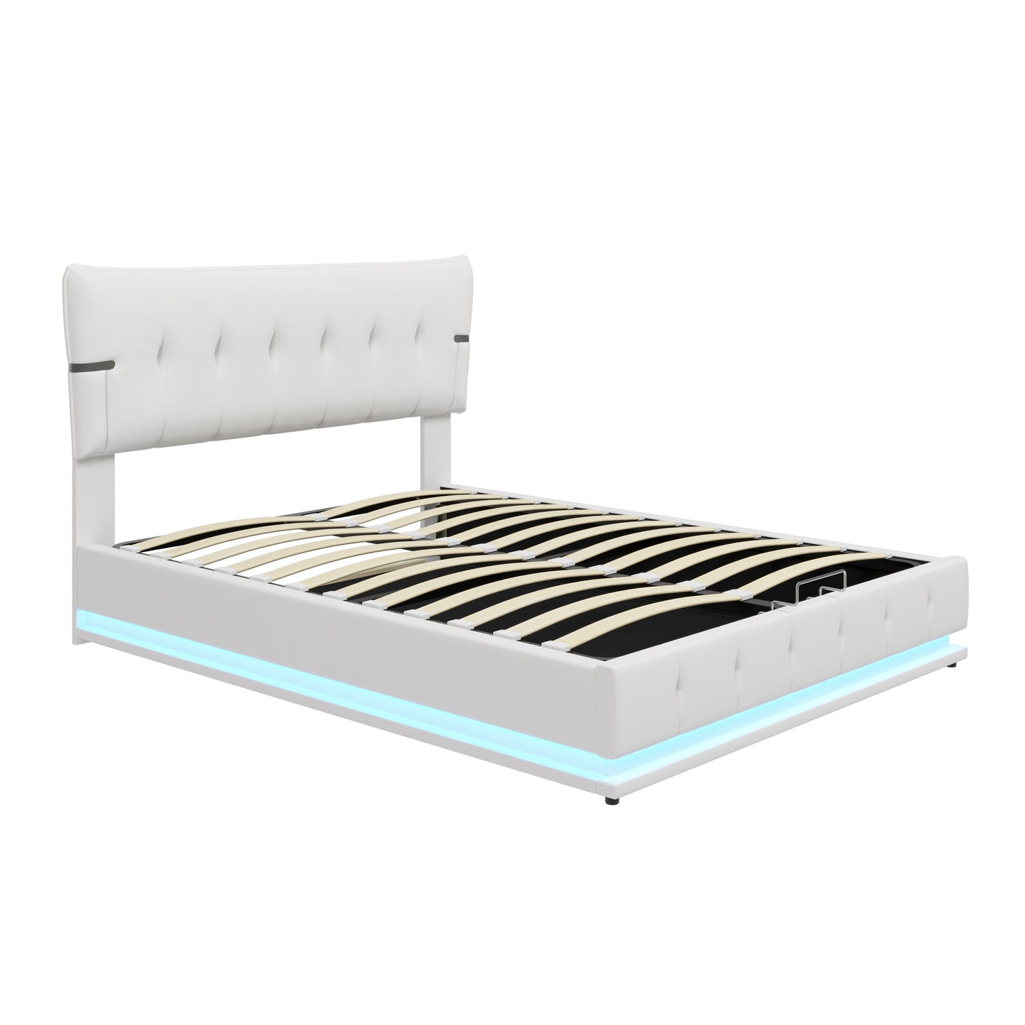 Upholstered Platform Queen Size Hydraulic Storage Bed, Lift Up Storage Bed with RGB LED Light, PU Leather Headboard and Footboard, No Box Spring Needed, White