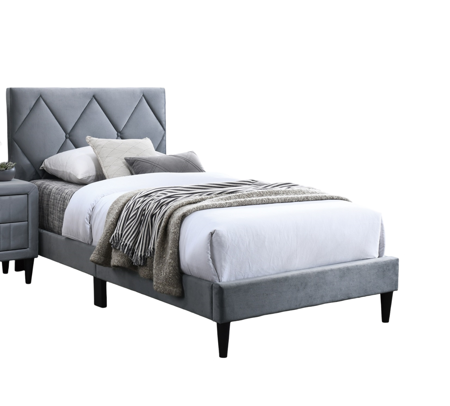 Twin Size Bed w Adjustable Headboard 1pc Bedframe, Grey Velvet Upholstered Youth Bedroom Furniture