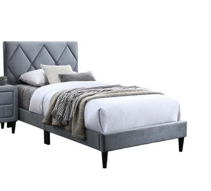 Twin Size Bed w Adjustable Headboard 1pc Bedframe, Grey Velvet Upholstered Youth Bedroom Furniture