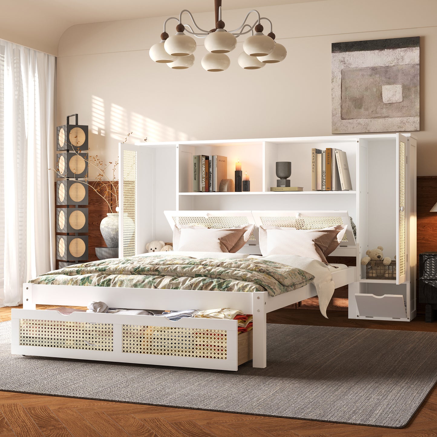 Twin Size Wooden Bed with Two Storage Lockers, Drawer, and Storage Shelf on Headboard, Multifunctional Platform Bed with Natural Rattan, White