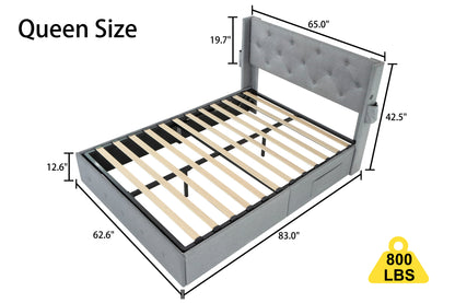 Queen Size Bed Frame with Storage - Lift Up Storage Bed with Modern Wingback Headboard, USB Ports