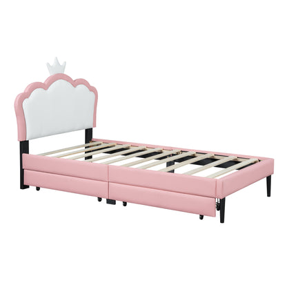 Twin Size Upholstered Princess Bed With Crown Headboard and 2 Drawers,Twin  Size Platform Bed with Headboard and Footboard,White+Pink