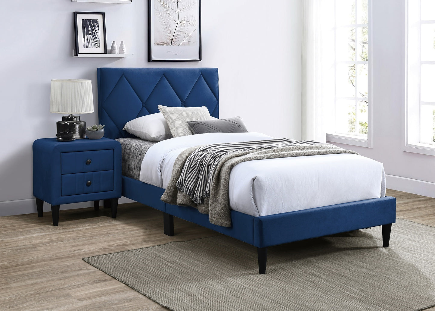 Twin Size Bed w Adjustable Headboard 1pc Bedframe, Navy Blue Velvet Upholstered Youth Bedroom Furniture