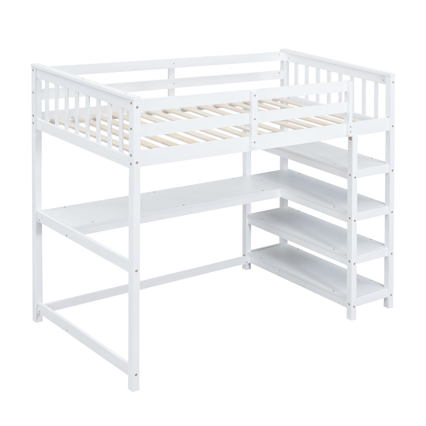 White Twin Size Loft Bed with Under-bed Desk and Storage Shelves, Solid Pine Wood and MDF, 79.7''L x 42''W x 68.3''H