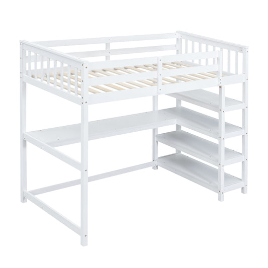 White Twin Size Loft Bed with Under-bed Desk and Storage Shelves, Solid Pine Wood and MDF, 79.7''L x 42''W x 68.3''H