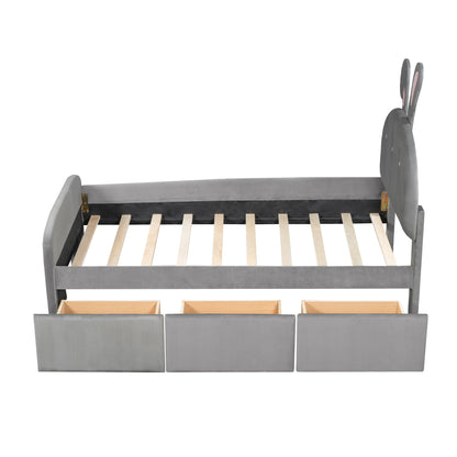 Twin Size Velvet Platform Bed with Rabbit-Shaped Headboard, with Drawers, with Bed-End Storage Pocket, Gray