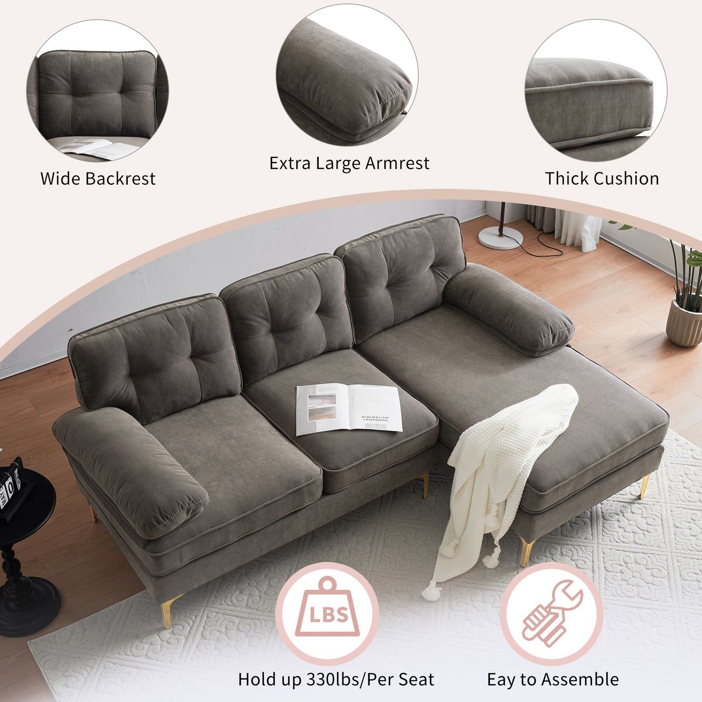 83" Modern Sectional Sofas Couches Velvet L Shaped Couches for Living Room, Bedroom, Brown