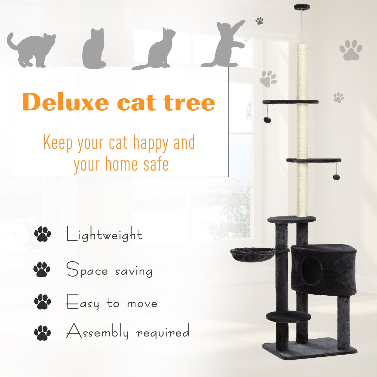 PawHut Adjustable Height Floor-To-Ceiling Vertical Cat Tree with Carpet Platforms, Condo & Rope Scratching Areas, Dark Grey