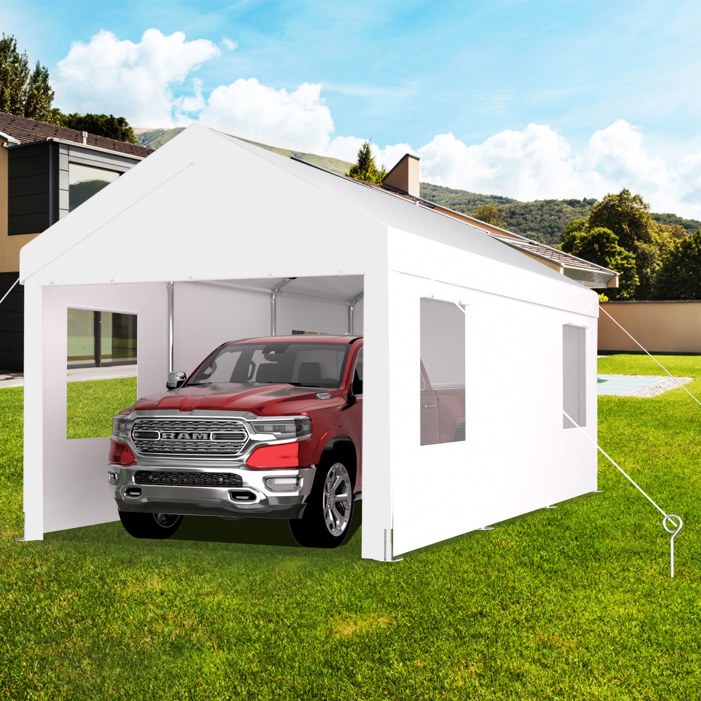 Carport 12' x 20' Portable Garage, Heavy Duty Car Port Canopy with 2 Roll-up Doors & 4 Ventilated Windows for Car, Truck, Boat, Garden Tools,white