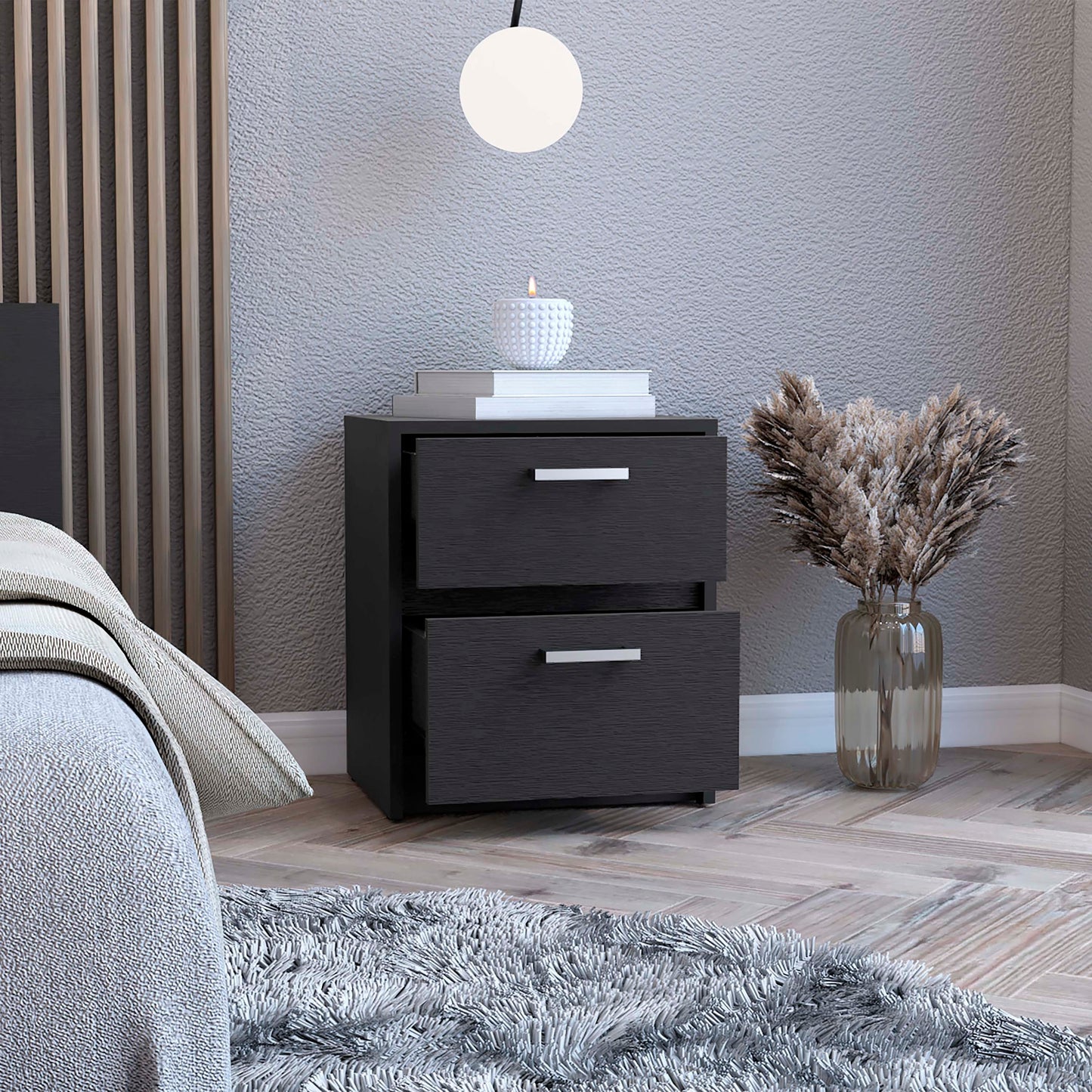 Trivor 2 Drawers Nightstand , End Table, Side Table Metal Handles -Black