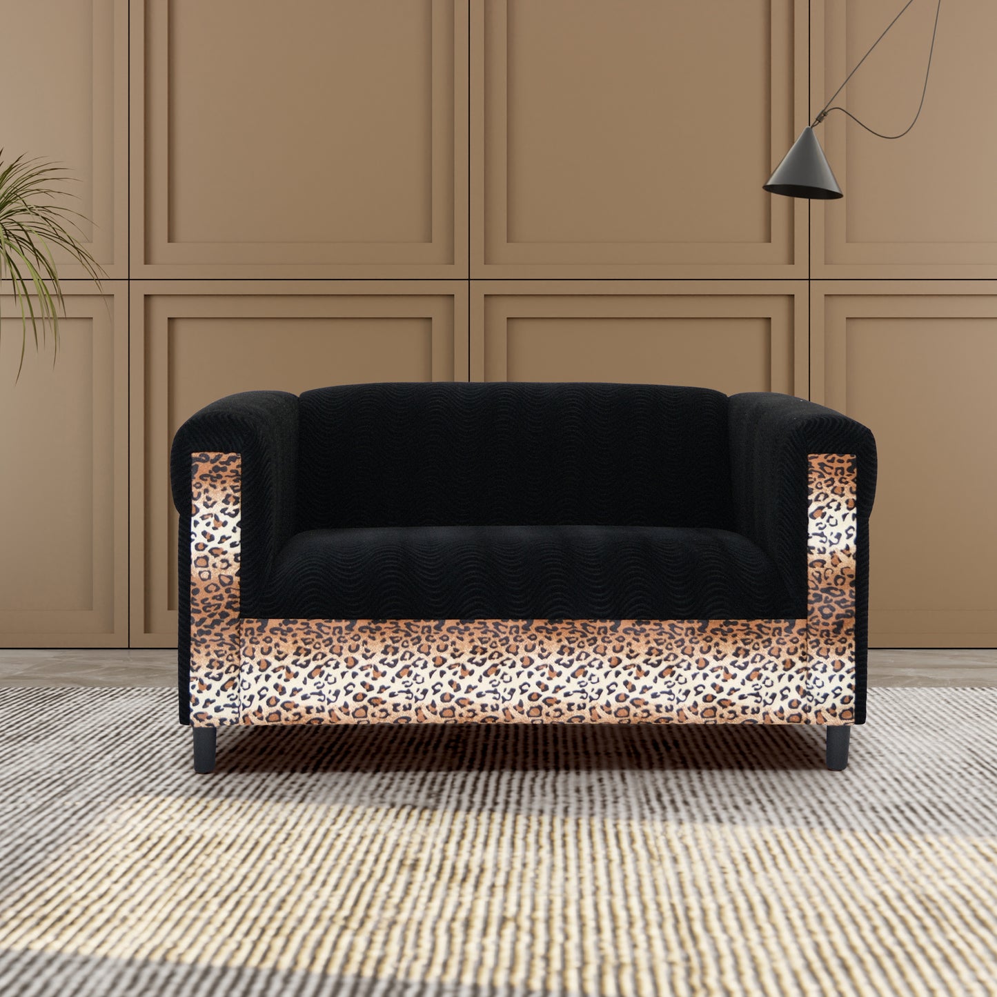 Black Velvet Loveseat Sofa for Living Room with Leopard Print, Modern Décor Love Seat Mini Small Couches for Small Spaces and Bedroom with Solid Wood Frame