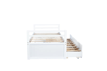 Twin Size Bed with Headboard, Footboard, Trundle and Three Storage Drawers, Twin Size Pine Wood Bed with Headboard, Footboard,White