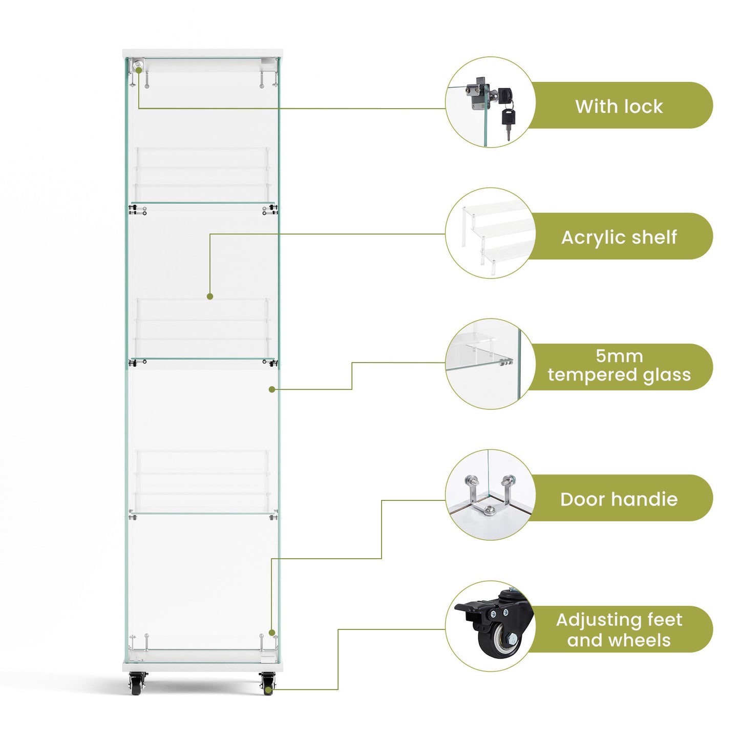 4 Tier Glass Display Cabinet, Single Door Glass Cabinet with Lock and Wheels, Floor Standing Storage Cabinet with 3 Acrylic Shelves for Living Room, Bedroom and Office, White, 15.8"L x 14.2"W x 65.1"H