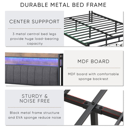 Queen Bed Frames with Storage Headboard and Drawers, LED Platform Bed Frame Queen Size, LED Upholstered Bed Frame with Charging Station, No Box Spring Needed, Easy Assembly, Grey