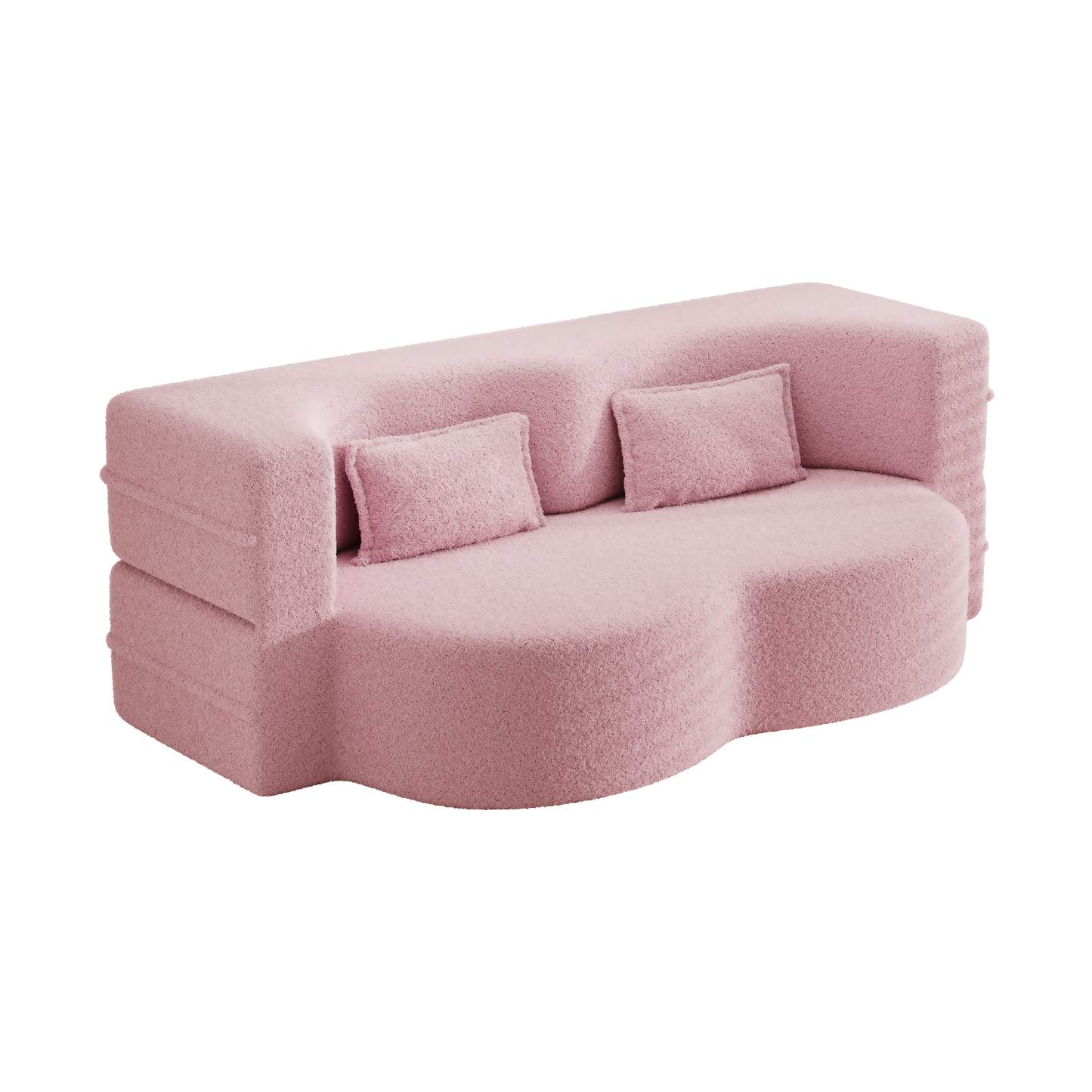 Modern Floor Sofa with 2 Pillows,Convertible Teddy Fabric Foam-Filled Sleeper Sofa Bed,15" Full Size Folding Mattress for Living Room,Guest Bed,Playroom,no assembly required,Pink(Old Sku:W1885P190391