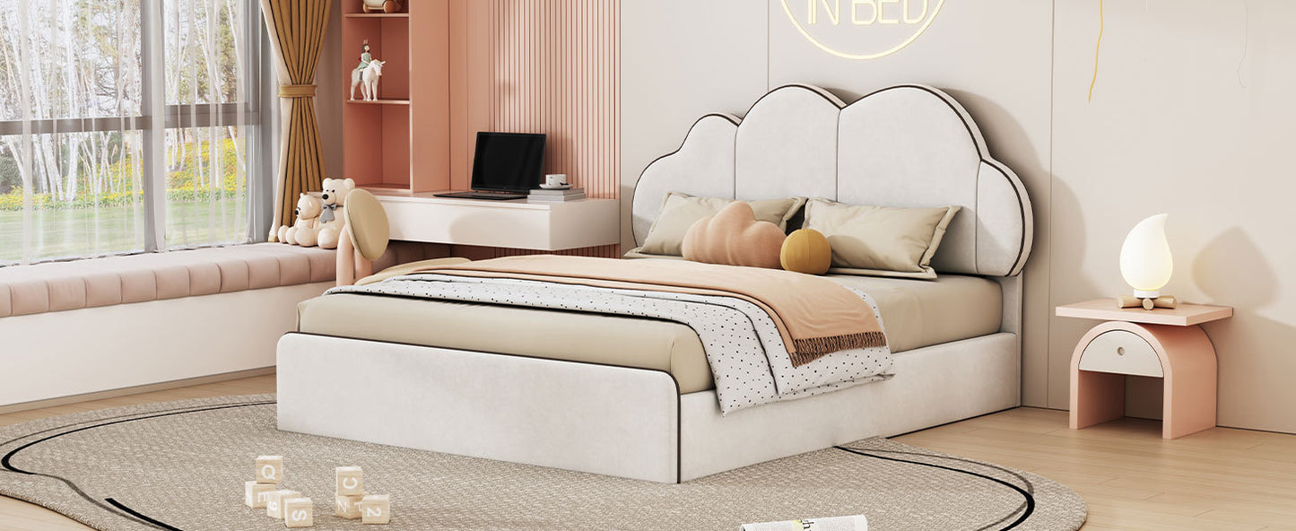 Queen size Upholstered Platform Bed with Cloud-shaped Headboard, Beige