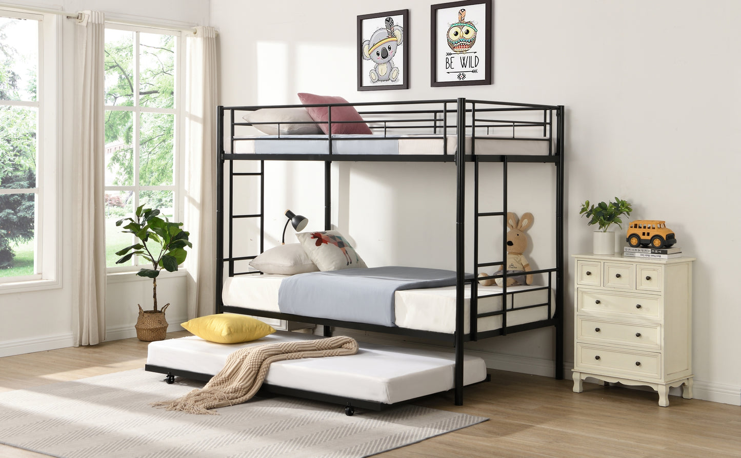 Over Twin Bunk Bed Frame with Trundle,Metal Bunkbed with Sturdy Guard Rail and 2 sideLadders for Kids/Adults,Can be Divided Into Two Beds, No Box Spring Needed, Noise Free for Dorm,Black