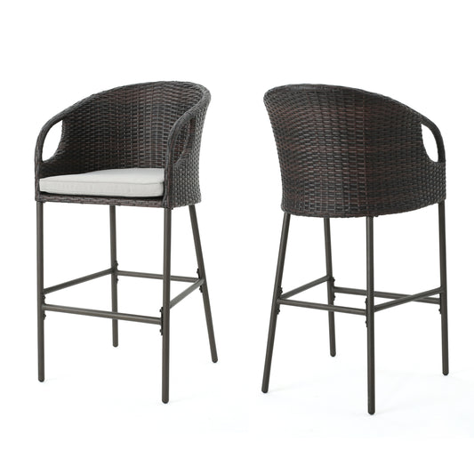 Outdoor 31' PE Rattan Barstools with Waterproof Cushions, Set of 2, Multibrown